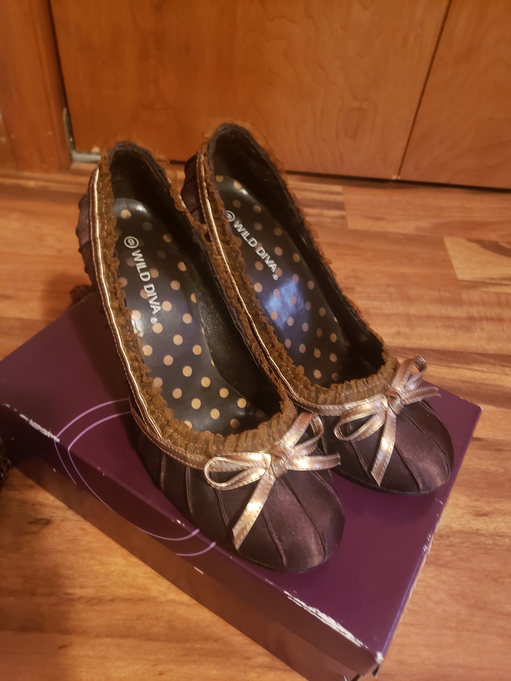 Wild Diva Chocolate Brown Heels with Gold Bow Trim